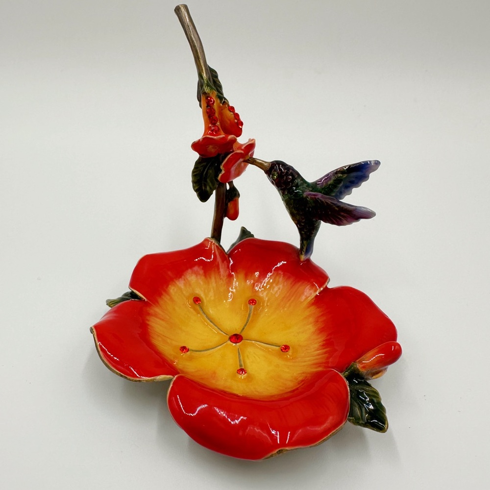 Flower and Hummingbird Rhinestone Enamel  Metal Jewelry or Trinket Dish